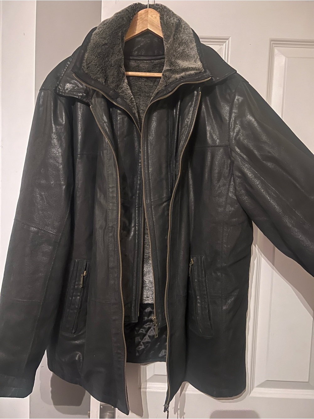 Vintage Genuine Leather Copenhagen Coat 3XL w/ Removable Shearling Liner Black